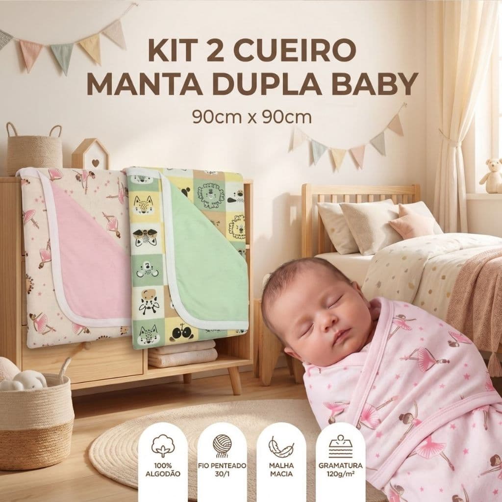 Kit 2 Manta Bebê Dupla Fase Cueiro Malha Estampado 90X90cm Menino e Menina 100% Algodão