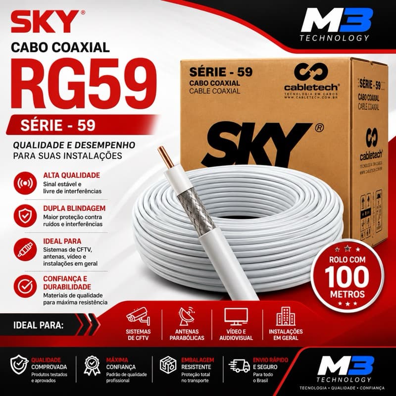 Rolo de Cabo Rg59 com 100 metros para Antena Digital Ku Cabletech Branco Original