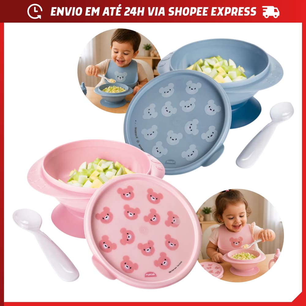 Kit Alimentação Infantil Tigela Bowl Ventosa Silicone com Tampa Colher Prato Introdução 240ml