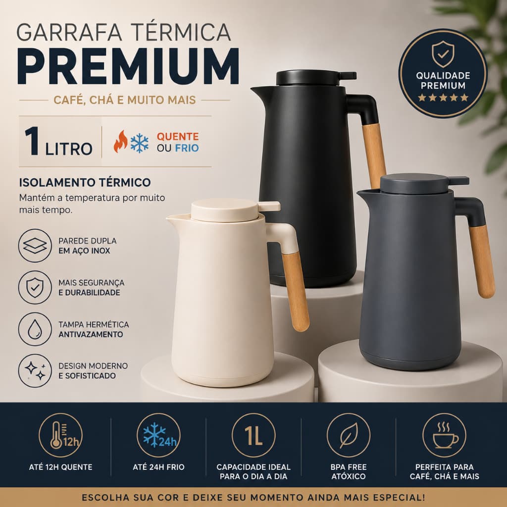 Garrafa Térmica 1L Cabo Madeira Premium Inox Café Chá Jarra Mesa Posta Cozinha Escritório