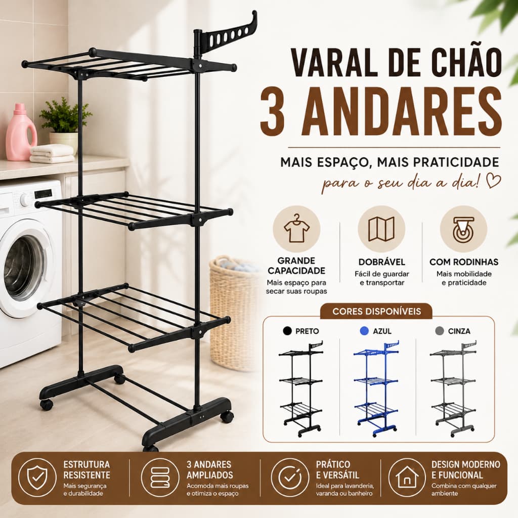 Varal de Chão Dobrável 3 Andares com Cabideiro e Rodinhas
