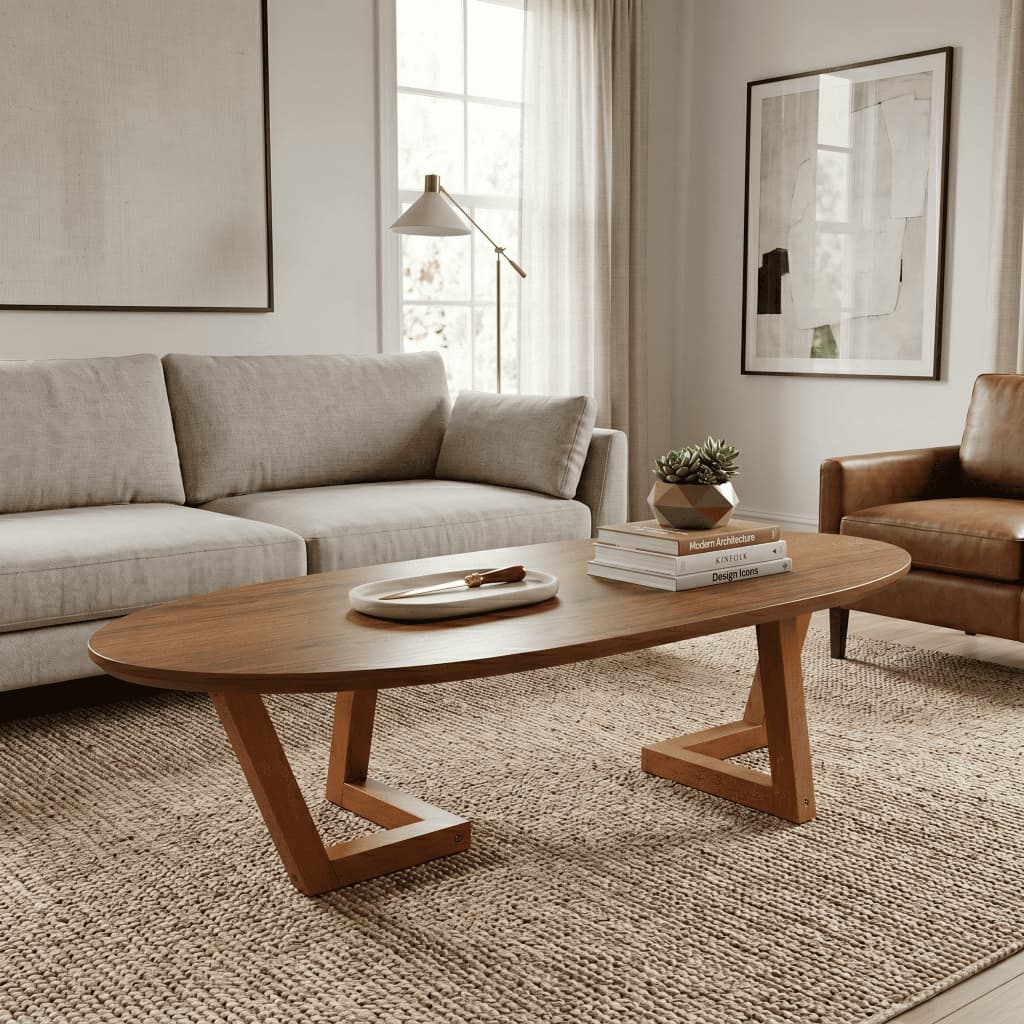 Mesa De Centro Moriá 90cm Luxo Oval Tampo Mdf Apoio Pés Madeira Maciça
