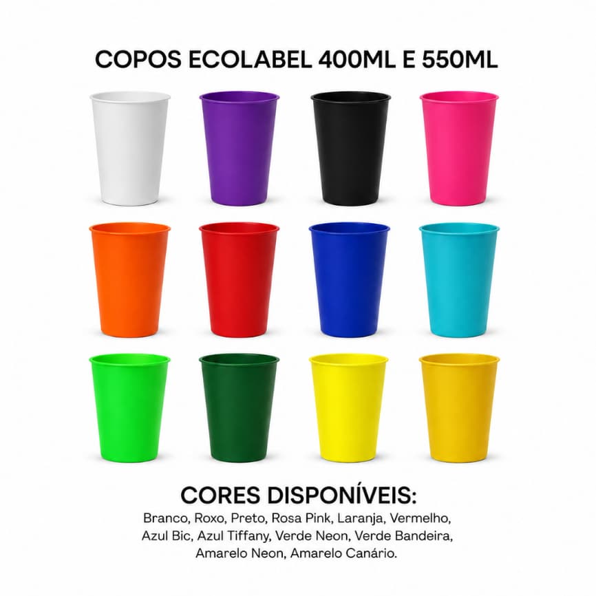 Kit Copos Lisos 400ml e 550ml 100 unidades EcoLabel Plástico BPA Free Resistente Cores Envio em 24h