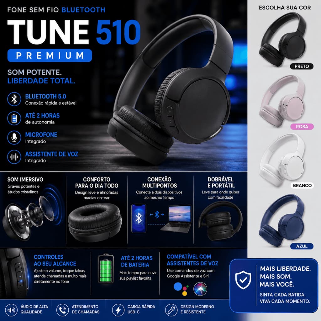 Fone De Ouvido Bluetooth Sem Fio Headphone TUNE 510 Ajustável Cartão De Memória Confortável