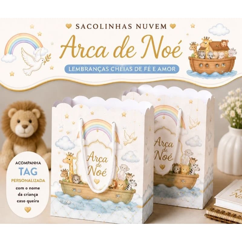 ## 💕 Sacolinhas Personalizadas Arca Do Noé, Menino – Modelo Nuvem Luxo