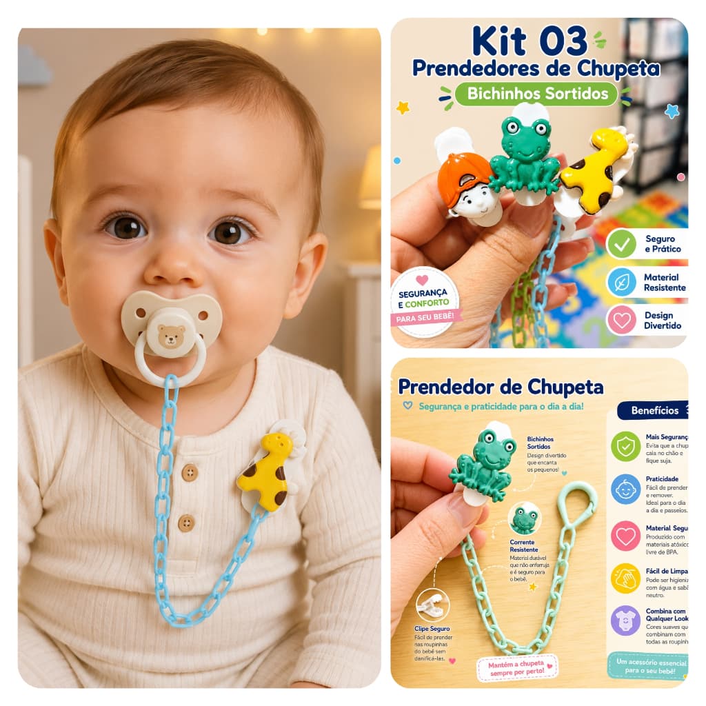 Conjunto 03 peças Prendedor de Chupeta para Bebê de Correntinha  Menino Menina Infantil Bichinhos Sortidos