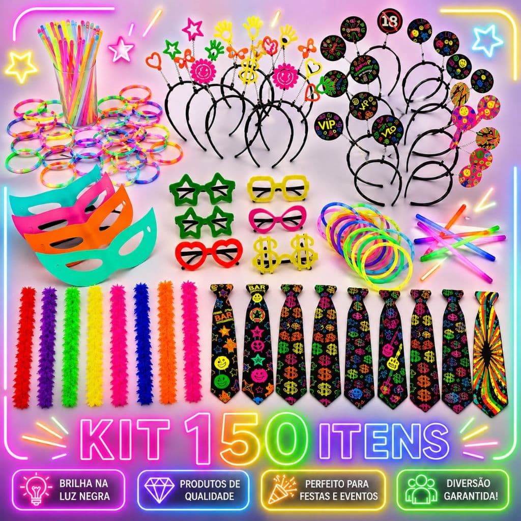 Kit Balada 150 Itens Neon Marabu Pulseira Tiara Oculos Gravata Mascara Casamento Aniversario Eventos
