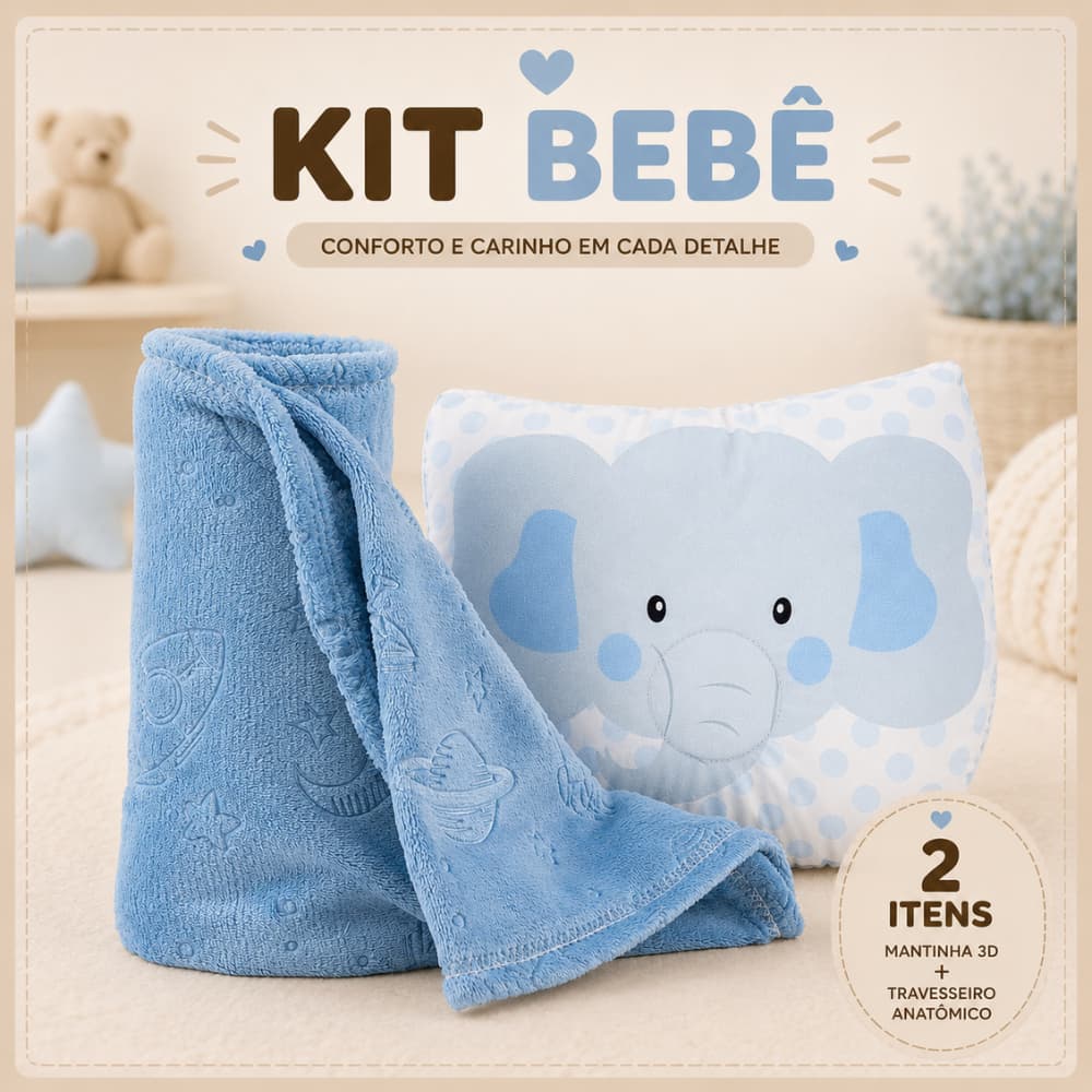 Kit Bebê 2 Peças Mantinha 3D + Travesseiro Anatômico Estampado Presente Confortável Combo Baby