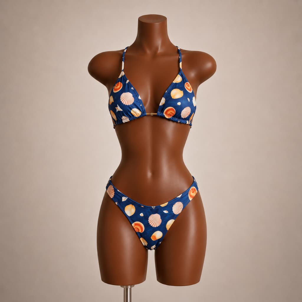 Conjunto Biquíni UV Cortininha + Shortinho | Look Feminino Praia Verão Colorido Estampa Azul Conchas do Mar Praia