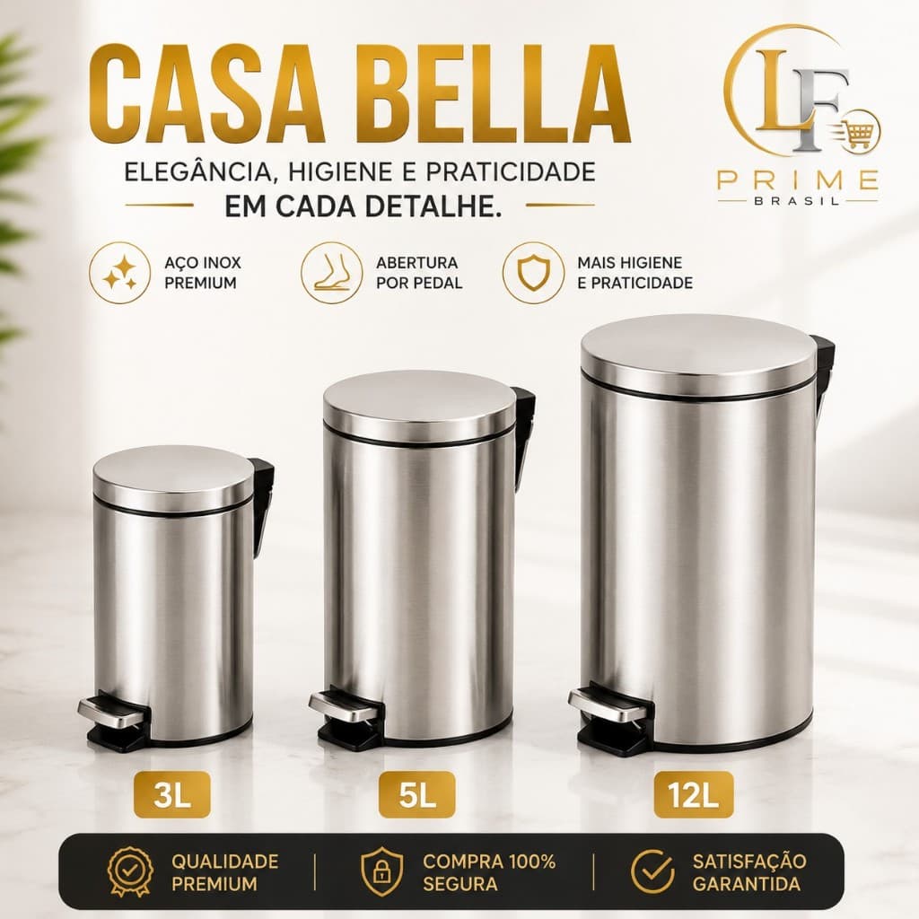 Lixeira Inox com Pedal Cozinha Banheiro Escritório Tampa Higiênica Cesto Interno com Alça -3L 5L 12L