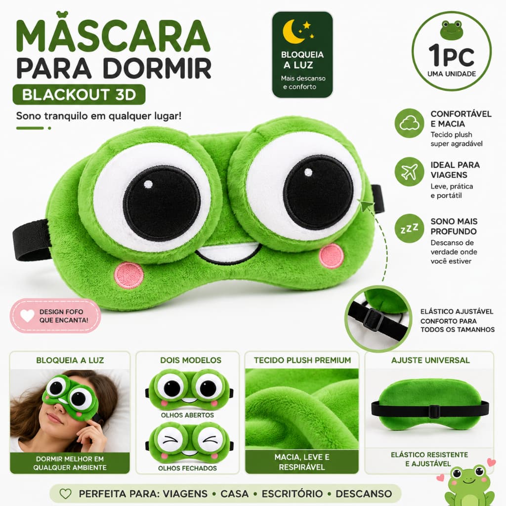 Máscara de Dormir Sapinho 3D Blackout Ajustável para Viagem e Descanso