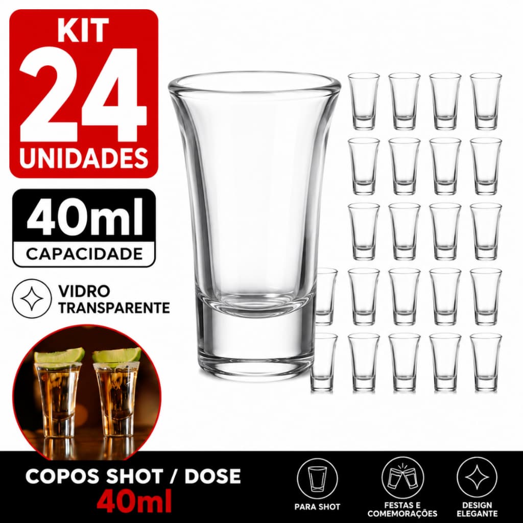 Conjunto 24 Copos Shot Vidro 40ml Para Tequila Vodka Cachaça Bebidas Destiladas E Licor