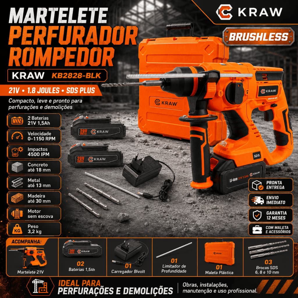 Martelete Perfurador Rompedor Usk 21v-2828 Bateria Li-on 2 baterias 1,5ah e Carregador Bivolt