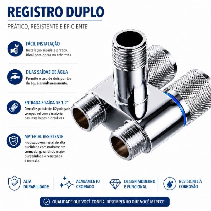 Registro Duplo Válvula Dupla Saída De Água Ducha Banheiro Vazo Cromado