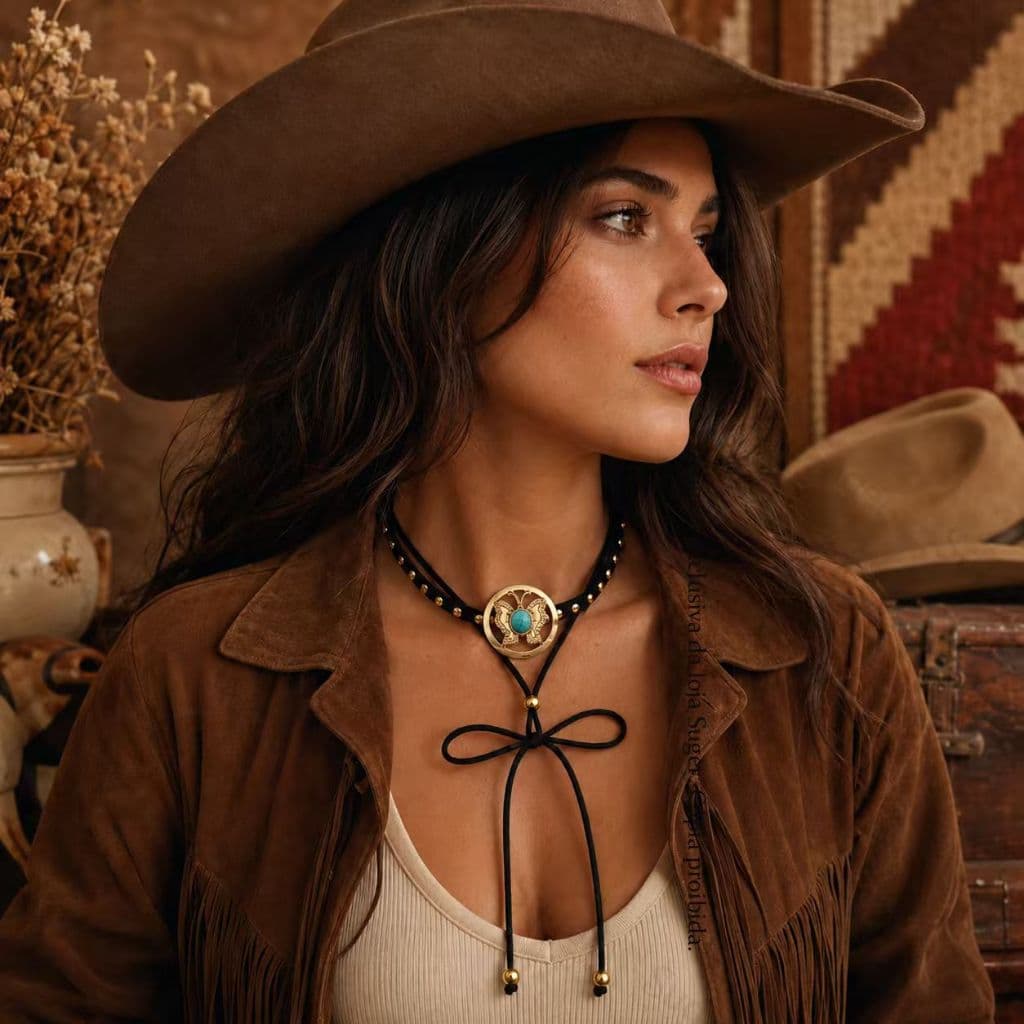 Colar Estilo Vaqueira Dupla Camurça Pingente Metálico Turquesa Moda Boho Western