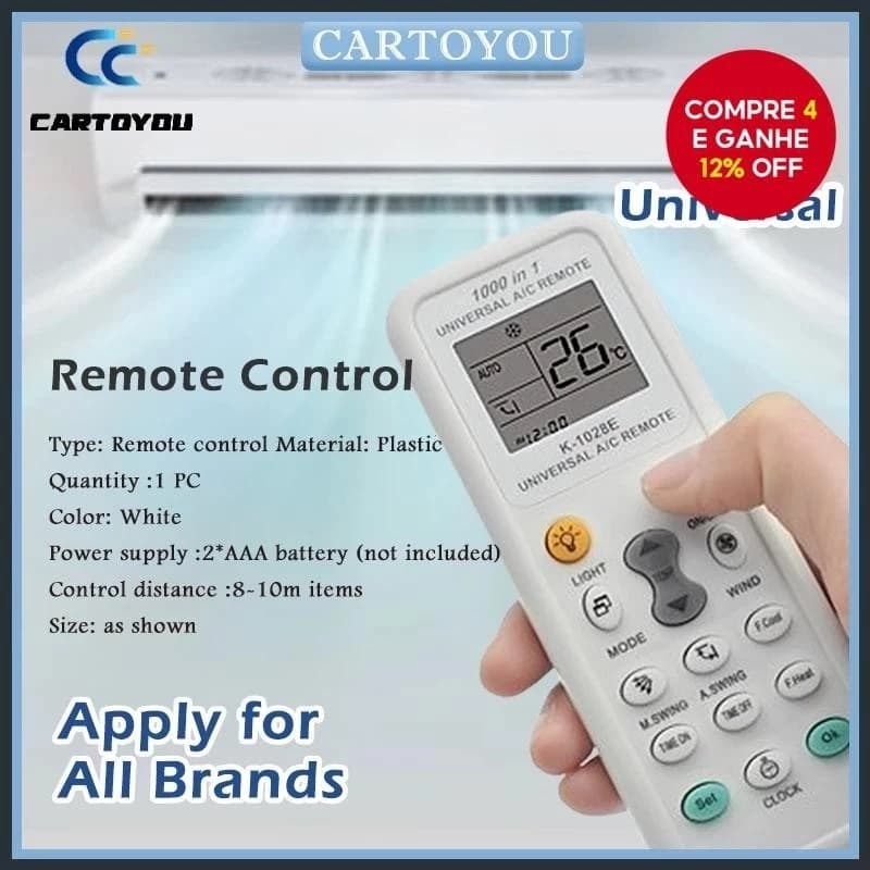 Controle Remoto de Ar Condicionado Universal 1000 em 1 K1028E Para Todas as Marcas Principais LCD Dgs