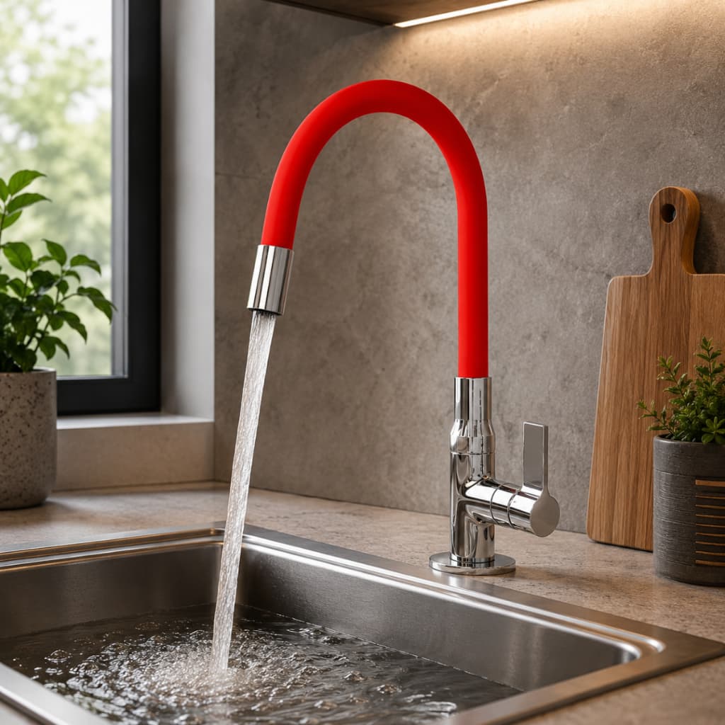 Torneira Cozinha Gourmet Bancada Cromada Cano Vermelho Bica Móvel Giratória 360° 1/4 Volta Para Pia