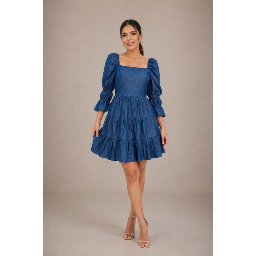 Vestido Curto Jeans Feminino Manga Longa Bufante | Look Elegante Casual Chic