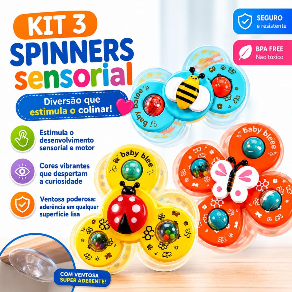 Brinquedo para Bebê Sensorial - Kit 3 Ventosa Adesiva Gira Spinner Atividade Educativa