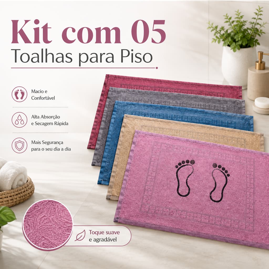 Kit Com 05 Toalhas Para Piso Banheiro Tapete Pezinho Confort 40cm x 60cm 100% Algodão