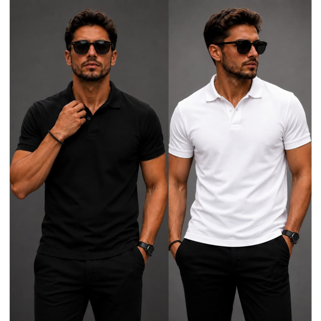 Kit 2 CAMISA GOLA POLO SLIM LISA MASCULINA PRETO-BRANCO CAMISETA BASICA