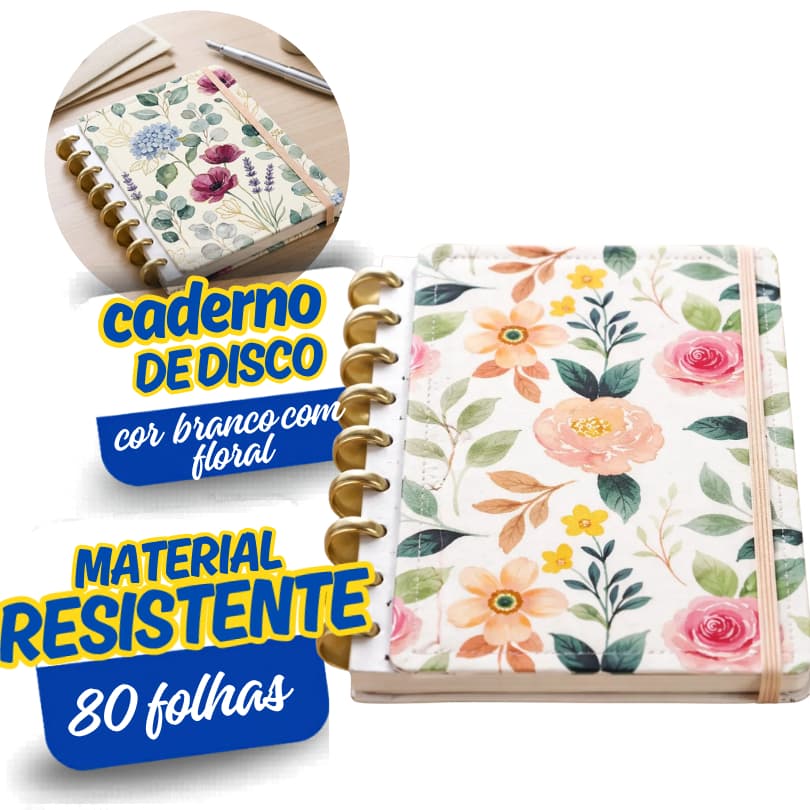 Caderno Floral Grande Capa Dura Reposicionavel 96 Folhas Resistente Organização Estudo Trabalho