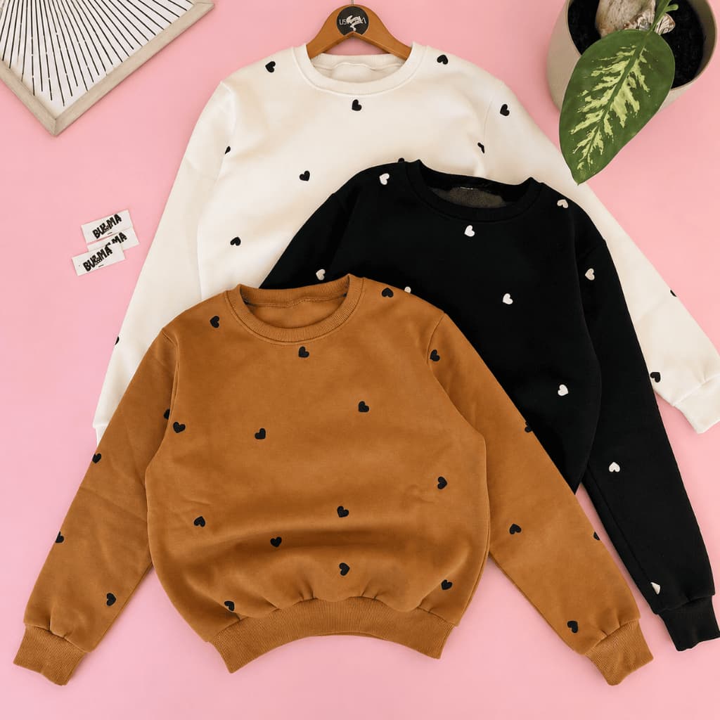Moletom Feminino Estampa Coração Gola Careca Blusa De Frio Casual Confortável Inverno
