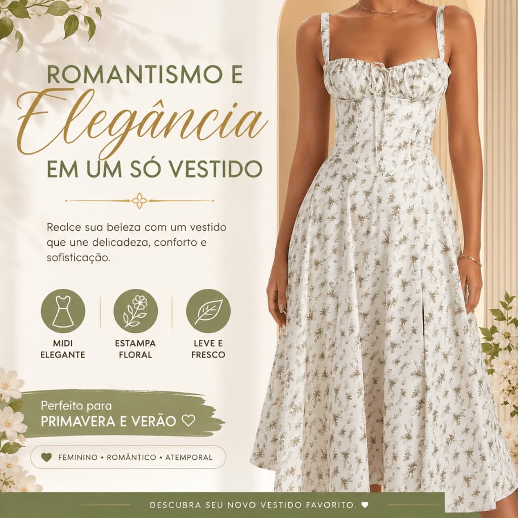 Vestido Midi Floral Feminino Evasê Off White Decote Coração Alças Ajustáveis Primavera Verão (M)