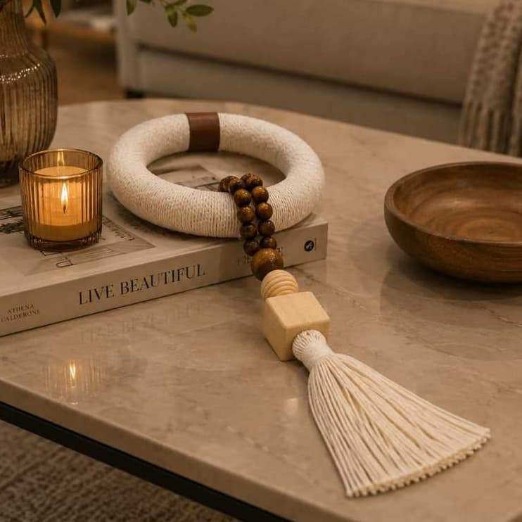Colar Decorativo de Mesa com Elo em Algodão Cru e Tassel Boho Chic 45cm
