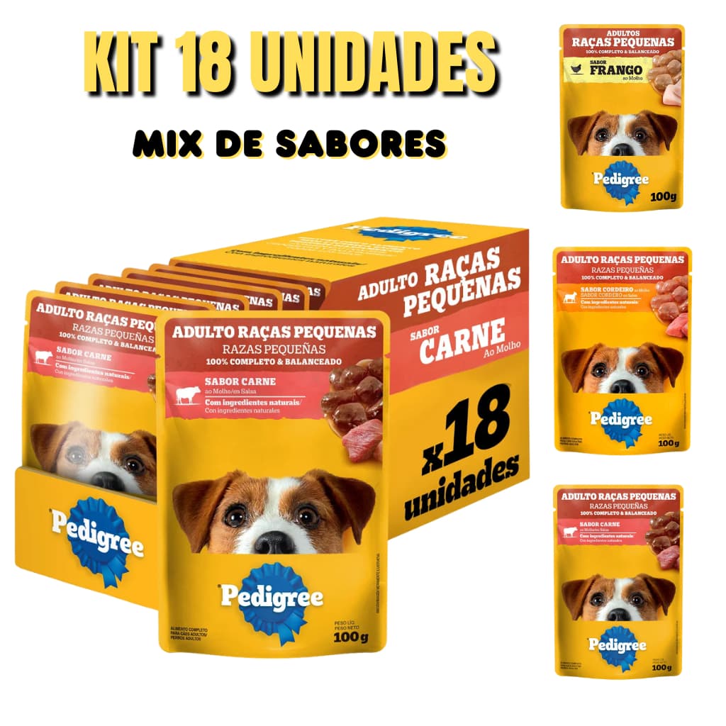 PEDIGREE SACHE DOG RAÇAS PEQUENAS KIT 18 UND MIX SABORES (6 CARNE + 6 FRANGO + 6 CORDEIRO) 100G