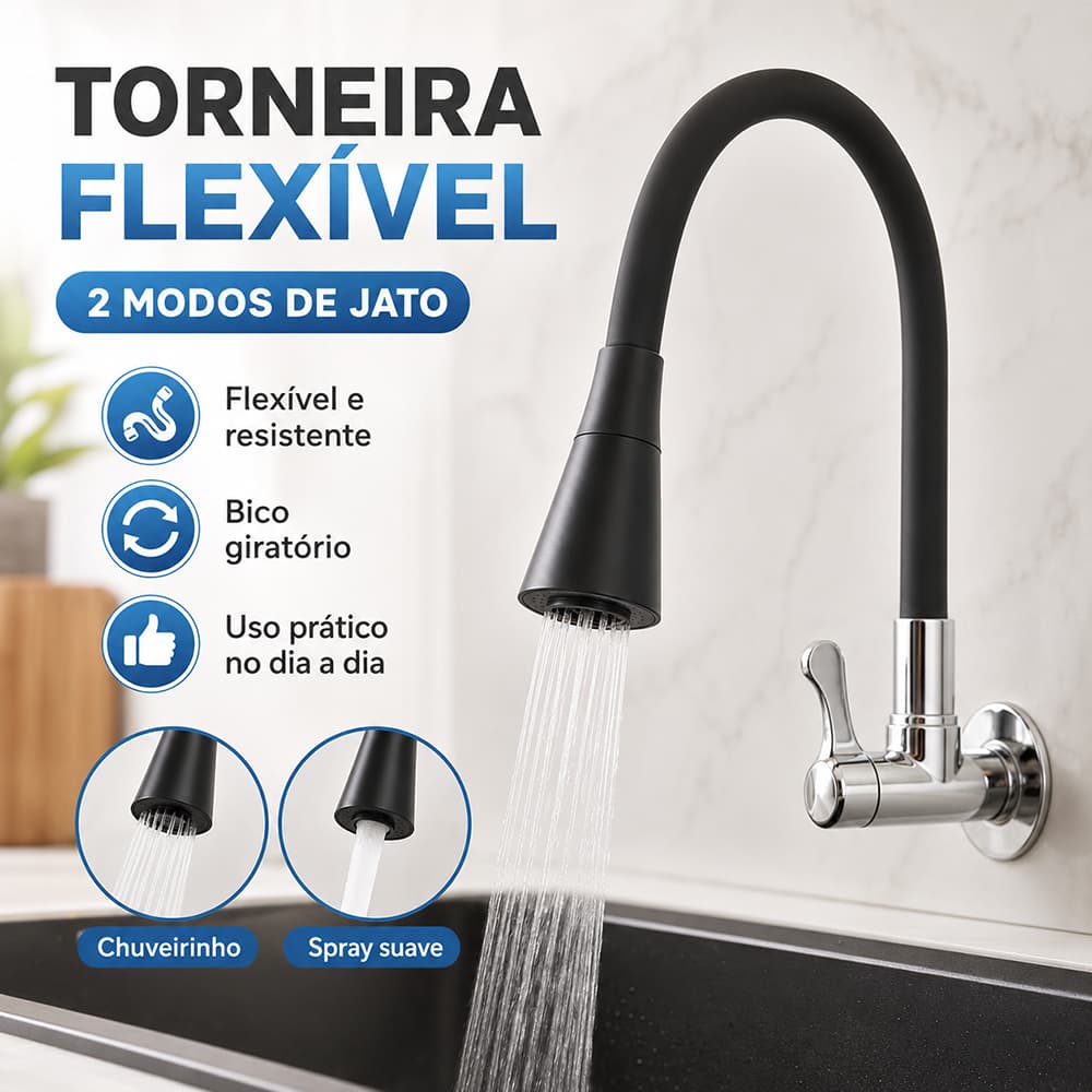 Torneira Flexível de Parede Preta 2 Jatos para Cozinha Banheiro Lavabo Área de Serviço Casa
