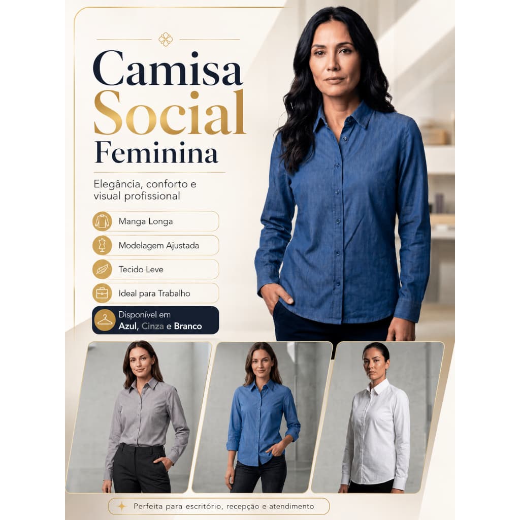 Camisa Social Manga Longa Feminina Uniforme Para Rotina Confortável com Elegância