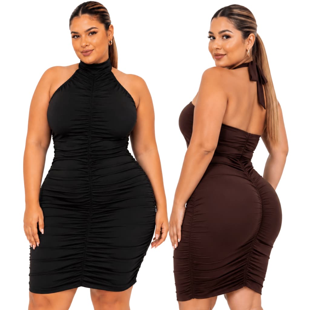 VESTIDO PLUS SIZE FEMININO GOLA ALTA COM BOJO DRAPEADO NA FRENTE LATERAL EMPINA BUMBUM MODA GRINGA