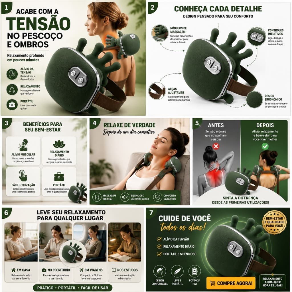 Massageador Elétrico Pescoço e Ombros Shiatsu Portátil para Alívio da Dor e Relaxamento
