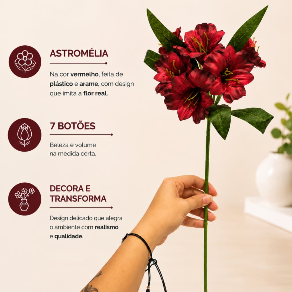 Galho De Astromélia Vermelho com 7 Flores Artificial Decorativo