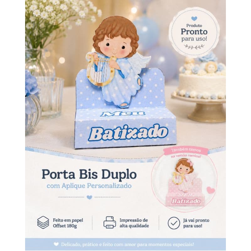 Porta Bis Duplo com Aplique Personalizado Batizado Menina e Menino - Porta Bis Duplo - Festas infantil