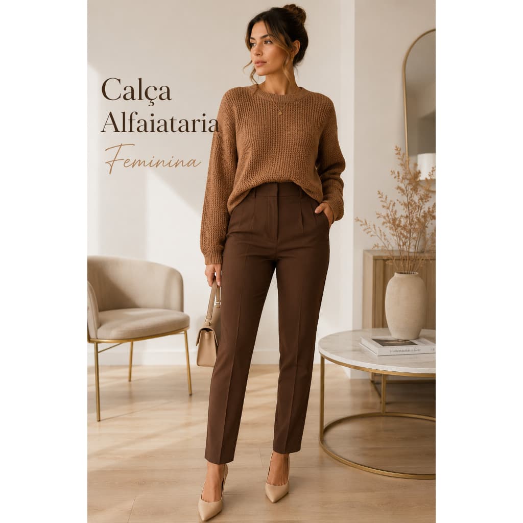 Calça Alfaiataria Feminina Cintura Alta Social Slim Elegante com Bolsos Casual Trabalho Office