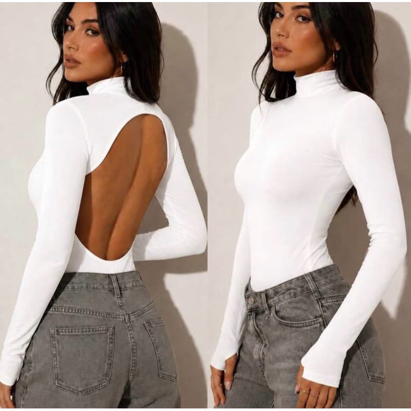 Body Feminino Gola Alta Costas Nuas Bori Manga Longa Suplex Inverno Casual Gringa