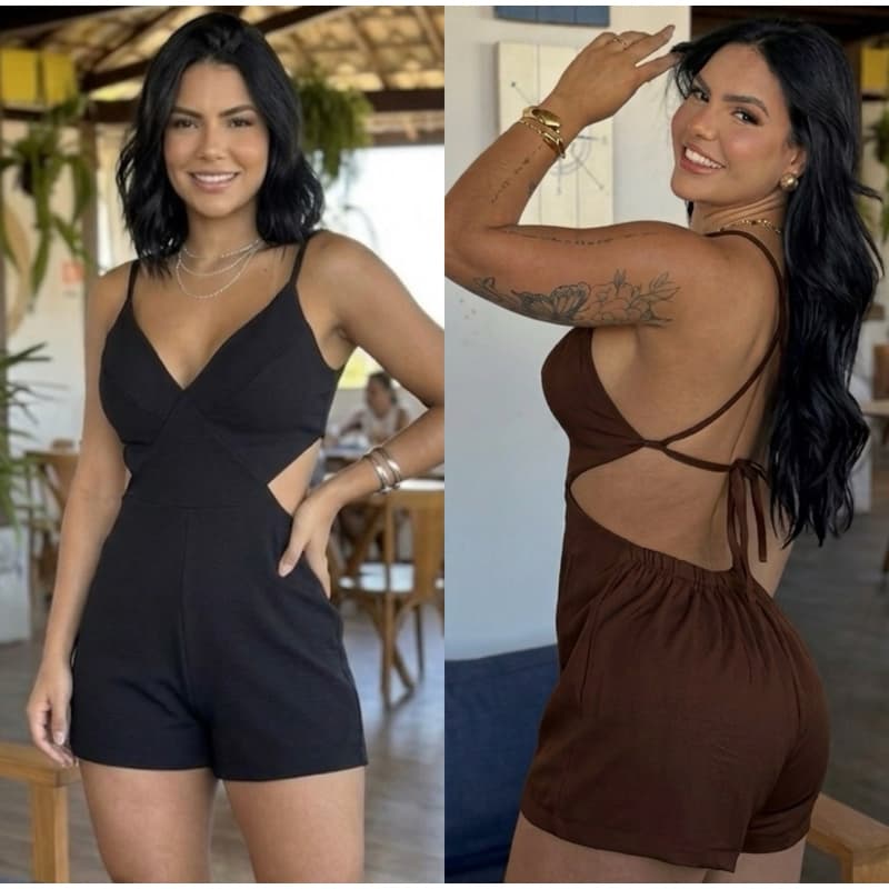 Macaquinho Feminino Crepe Ana Ruga Alcinha Decote nas Costas e na Cintura