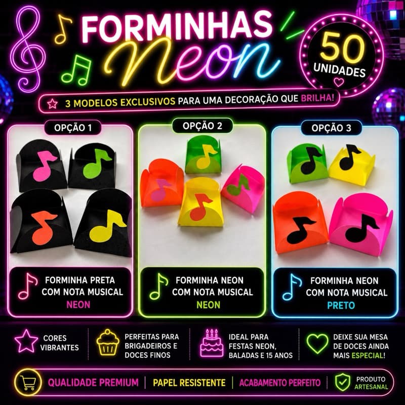 50 Forminhas Neon ou 200 apliques de nota musical 🎵 FESTA NEON – Notas Musicais e Forminhas para Doces 🎉