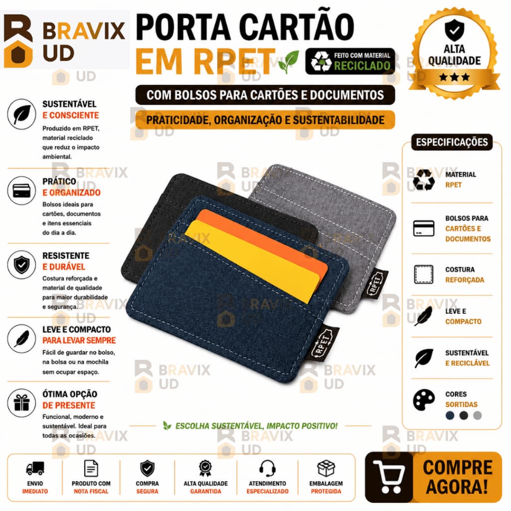 Porta Cartão Carteira em material reciclável RPET com Bolsos para Cartão Habilitação