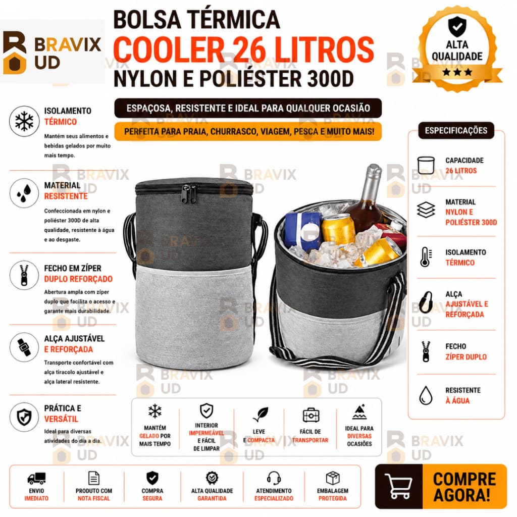 Bolsa Termica Cooler 100% IMPERMEAVEL 26 LITROS em Nylon Poliester 300D Agua Suco Cerveja Praia