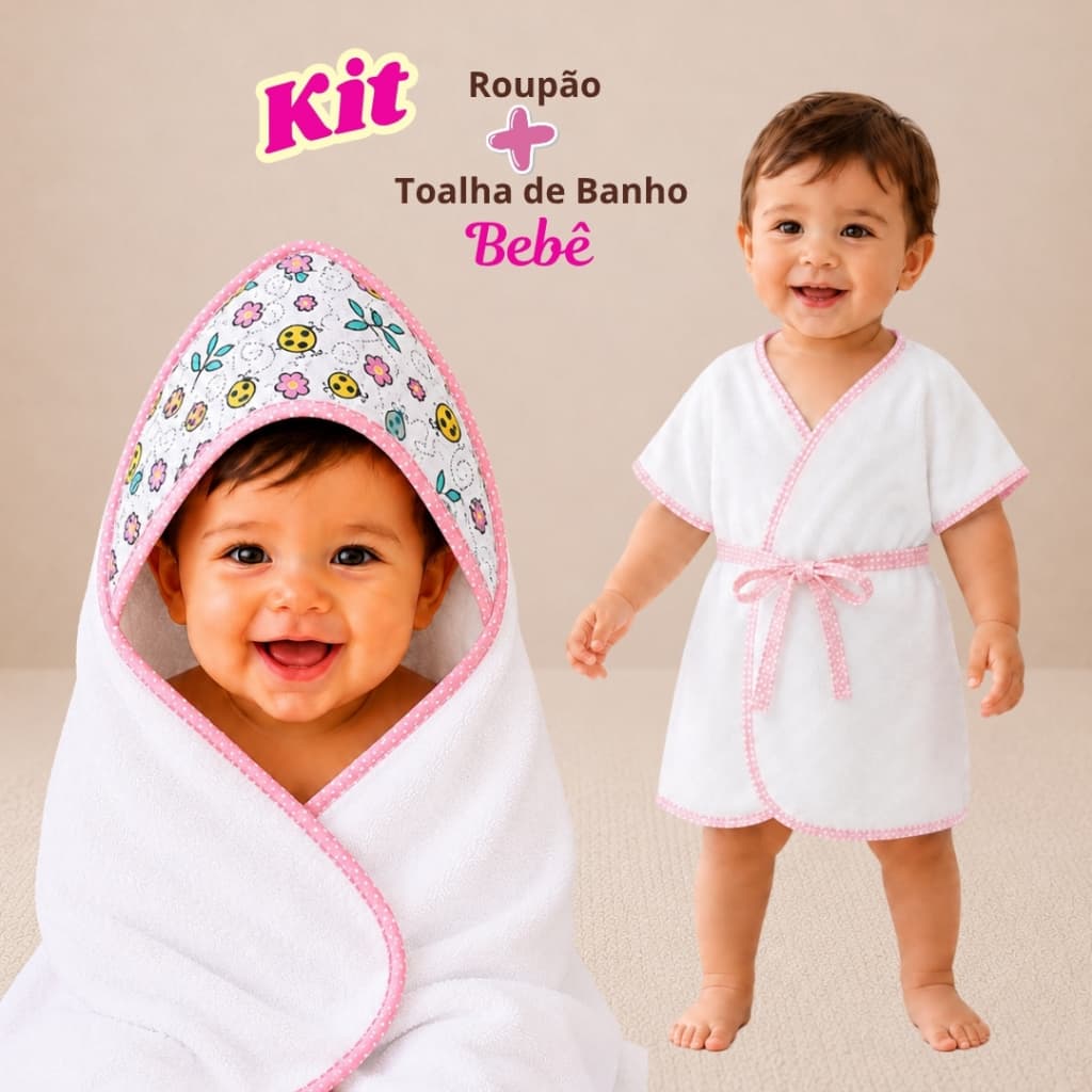 Kit com Toalha de Banho Bebê com capuz + Roupão de Banho Infantil, para recém-nascido até 1 ano.