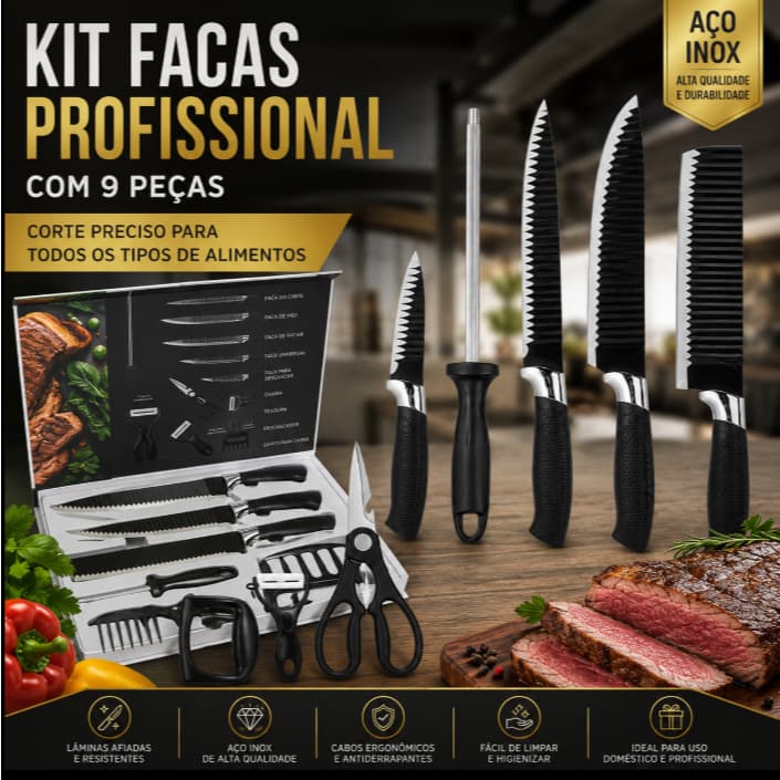 Kit de Facas Cozinha Profissional - Preto com Lâminas Afiadas e Duráveis