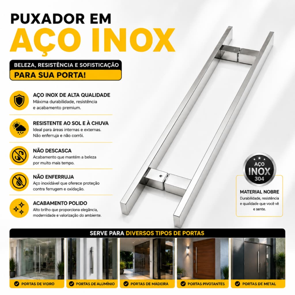 Puxador 50cm Inox 304 Polido Alto Brilho Premium p Porta Pivotante Vidro Madeira Alumínio