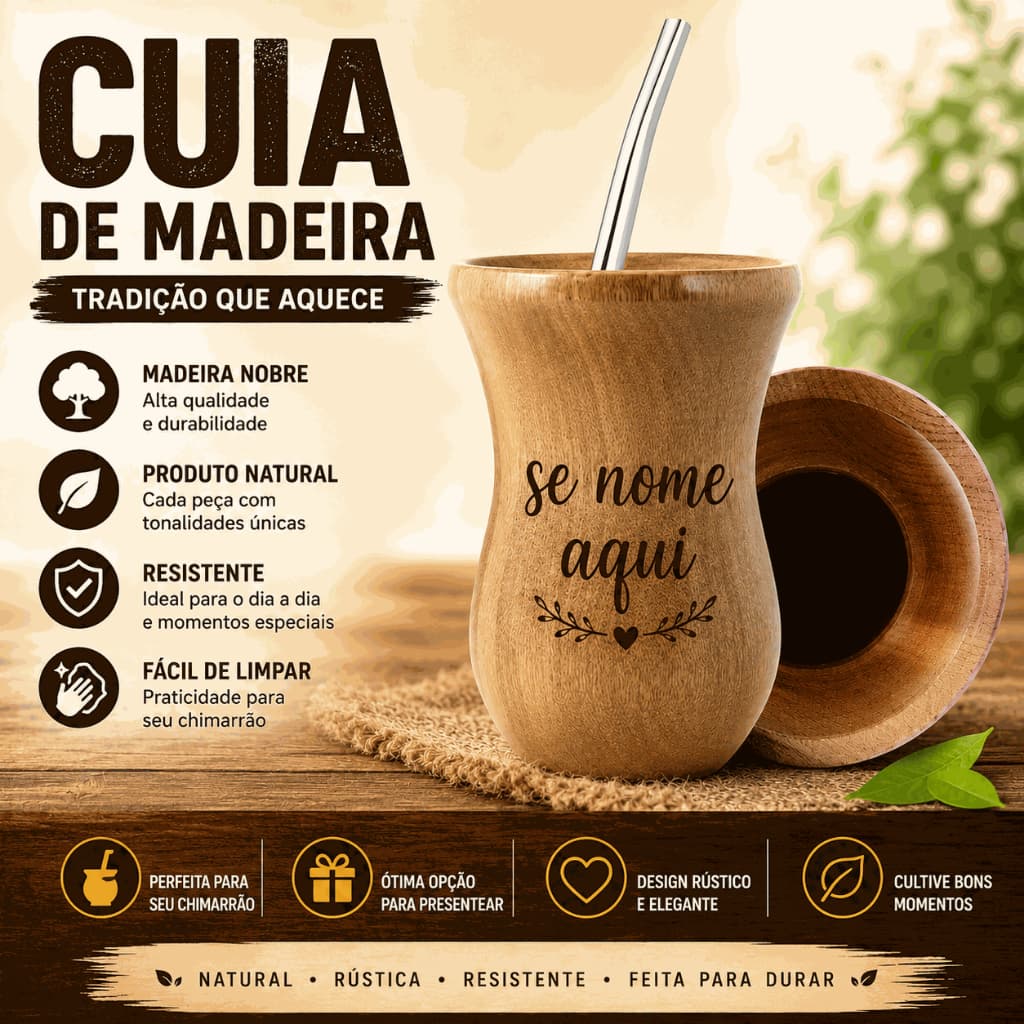 Cuia de Madeira Chimarrão Personalizada Madeira Nobre Alta Qualidade -Canudo