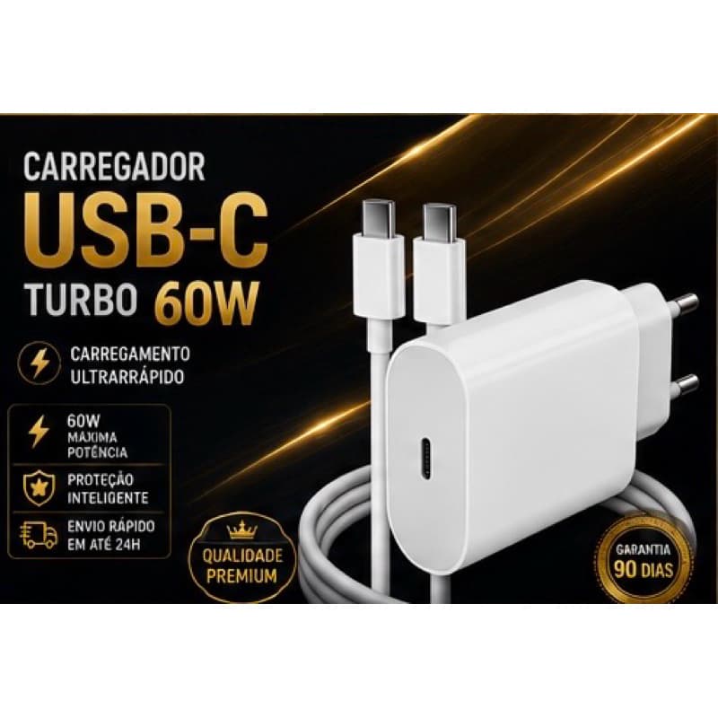 Kit Carregador Turbo USB-C 60W + Cabo USB-C Tipo C 1 Metro Carregamento Rápido Compatível com Celulares Android e iPhone