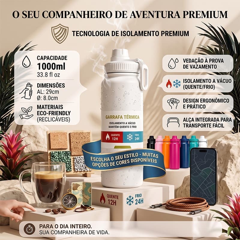 Garrafa térmica de aço inoxidável de dupla parede com 1000 mililitros, com tampa, modelo de gama alta