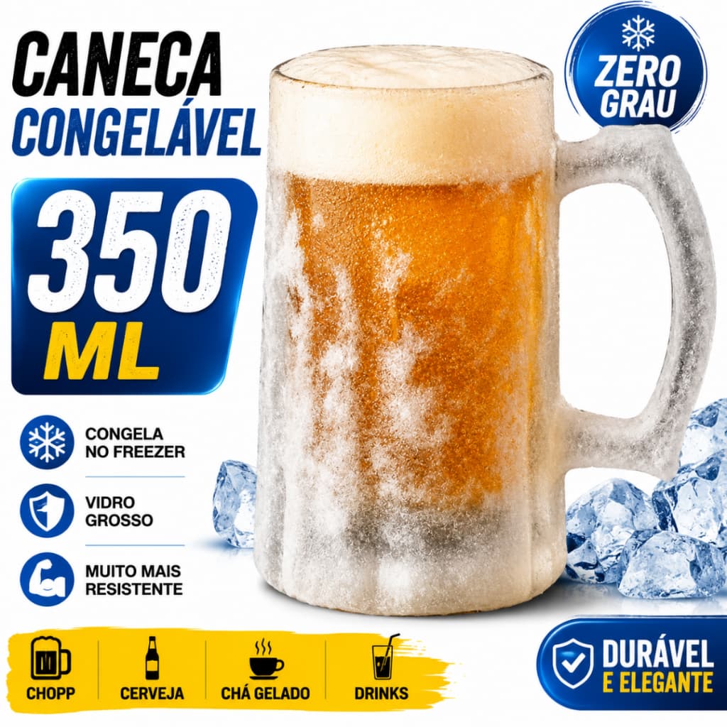 Caneca Zero Grau Congelada Chopp Cerveja Em Vidro 350ml De Congelar Bar Elegante Casa Moderno