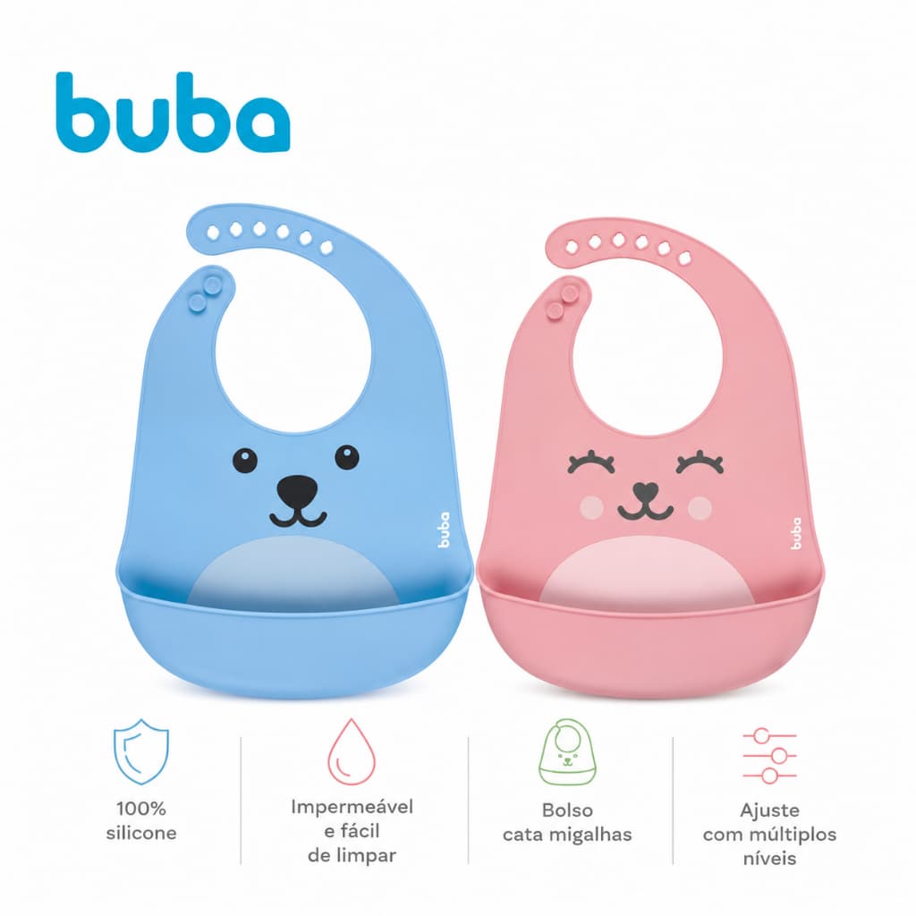 Babador de Silicone Buba Gumy com Bolso Pega Migalhas Babador Bebê Buba Impermeável